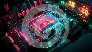 Glowing computer circuit board processor with neon lights