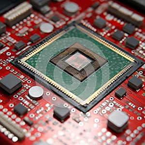 Close-up view of a complex computer processor chip on a red circuit board