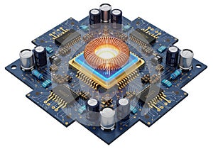 Close-up view of a complex electronic circuit board with a central processor chip highlighted