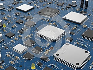 Close-up view of a complex electronic circuit board with multiple integrated circuits