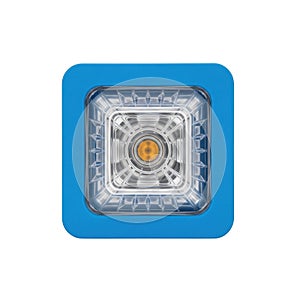 A close-up view of a complex integrated circuit on a blue background