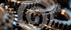 A close-up view of a complex, interlocking mechanical gear system, featuring intricate and precisely engineered