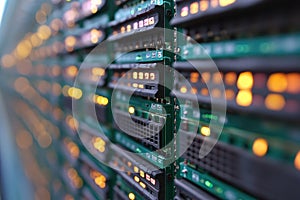 Close-up of Server Rack with Illuminated Components and Network Hardware