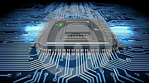 Close-Up View of a Computer Chip on a Circuit Board with Digital Patterns and Blue Light Effects