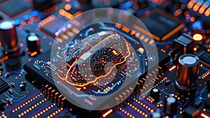 AI Brain Circuit Board on Motherboard, Glowing Neural Network with Futuristic Design