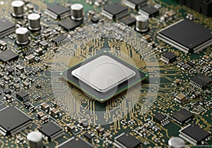 A close-up view of a computer circuit board with a central processor chip