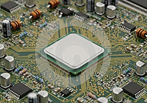 A close-up view of a computer circuit board with a central processor