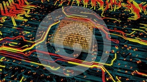 Close-up view of a computer circuit board displaying intricate patterns with vibrant colors in an abstract digital