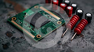 Close-up view of a computer circuit board with electronic components