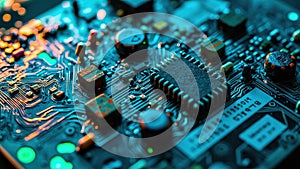 Close-up view of a computer circuit board featuring integrated chips and electronic components
