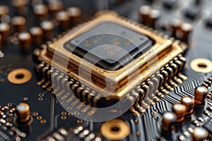 Close up view of computer components featuring a detailed microchip and advanced technology elements