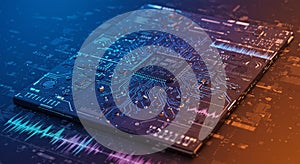 A close-up view of a computer microchip on a circuit board, featuring intricate