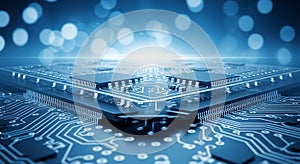 A close-up view of a computer microchip with intricate circuit patterns on a