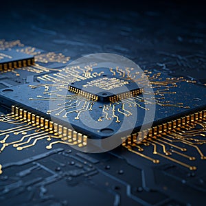 Close-up view of a computer microchip with intricate gold circuit patterns on a dark,