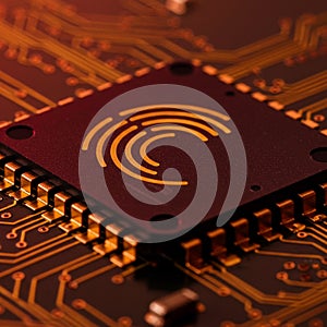 A close-up view of a computer microchip with intricate gold circuitry patterns on a