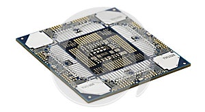 A close-up view of a computer microchip on a white background