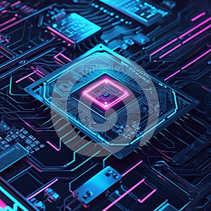 Close-up view of a computer motherboard featuring a central processing unit (CPU) with visible circuitry