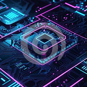 Close-up view of a computer motherboard featuring a central processing unit (CPU) with visible circuitry