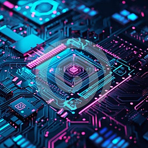 Close-up view of a computer motherboard featuring a central processing unit (CPU) with visible circuitry