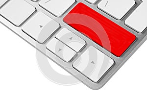 Close up view of a computer notebook keyboard with one red empty button isolated on white background. Technology background empty