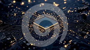 Close-up view of a computer processor chip glowing brightly on a circuit board