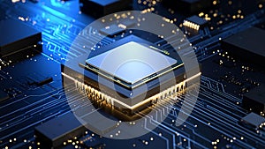 Close-up view of a computer processor on a circuit board with glowing components