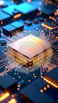 Close-up view of a computer processor and circuit board with glowing components