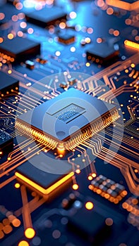 Close-up view of a computer processor and circuit board with glowing elements