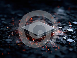 Close-up view of a computer processor on a circuit board with glowing lights.