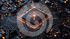 Close-Up View of Computer Processor on a Dark Circuit Board with Glowing Elements