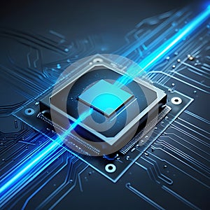 Glowing Blue Light Stream Across Computer Processor Microchip technology circuit board