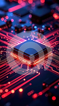 Close up view of a computer processor with red glowing circuits and details