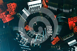 A close up view on a computer wires parts background