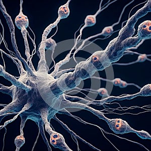 close-up view of connexions neuronal cells in a surreal in the Brain environment. Generative AI