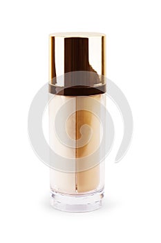 Close up view of Cosmetic liquid foundation with powder on white back photo