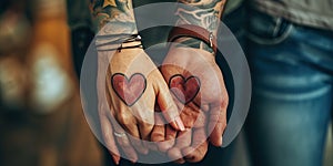 Close-up view of a couple hands, each adorned with a half-heart tattoo on their wrists, concept of Love photo