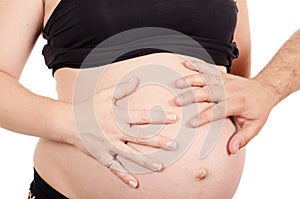 Close up view of a Couple touching with their hands the belly of a pregnant woman