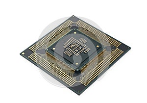 Close-up view of a cpu processor chip on a circuit board socket