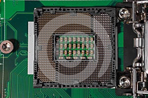 Close-up view of a CPU socket on a motherboard