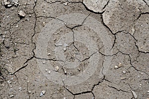 Close up view on cracked, arid, brown surface of soil with some small stones in Swiss town.