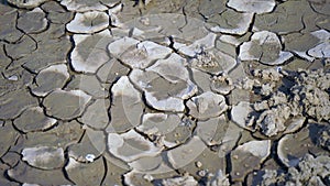 Close up view of cracked dried soil. Desiccation in soil, hard panic surface, natural dryness and rough desert plains. It occurs photo