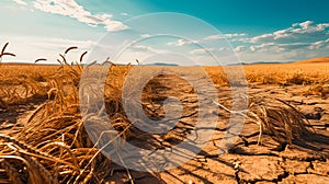 Close-up view of the cracked, dry soil in a field of wheat recently harvested in the countryside. Concept image of wasteland