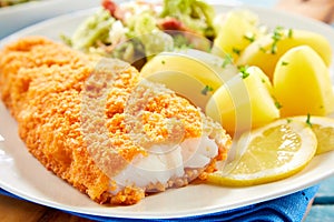 Crispy breaded fish with potatoes in close up photo