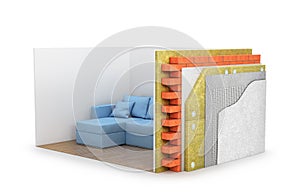 Close-up view of the cross-section of the wall. All layers. heat insulation. 3d