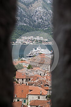 close up view of the cruise ship at the pier in the Bay of Kotor