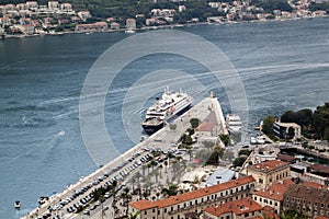 close up view of the cruise ship at the pier in the Bay of Kotor