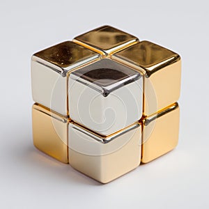 Metallic Gold and Silver Cube on White Background