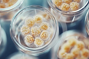 Close-up view of cultured cells in glass containers at a laboratory during tissue engineering research. Generative AI photo