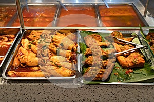 Close-up view of the curry squids and spicy fried chicken drumsticks at the food court stall