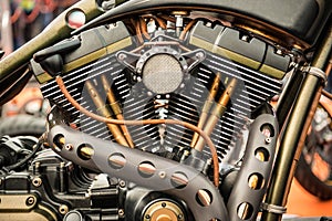 Close up view of a custom motorcycle engine